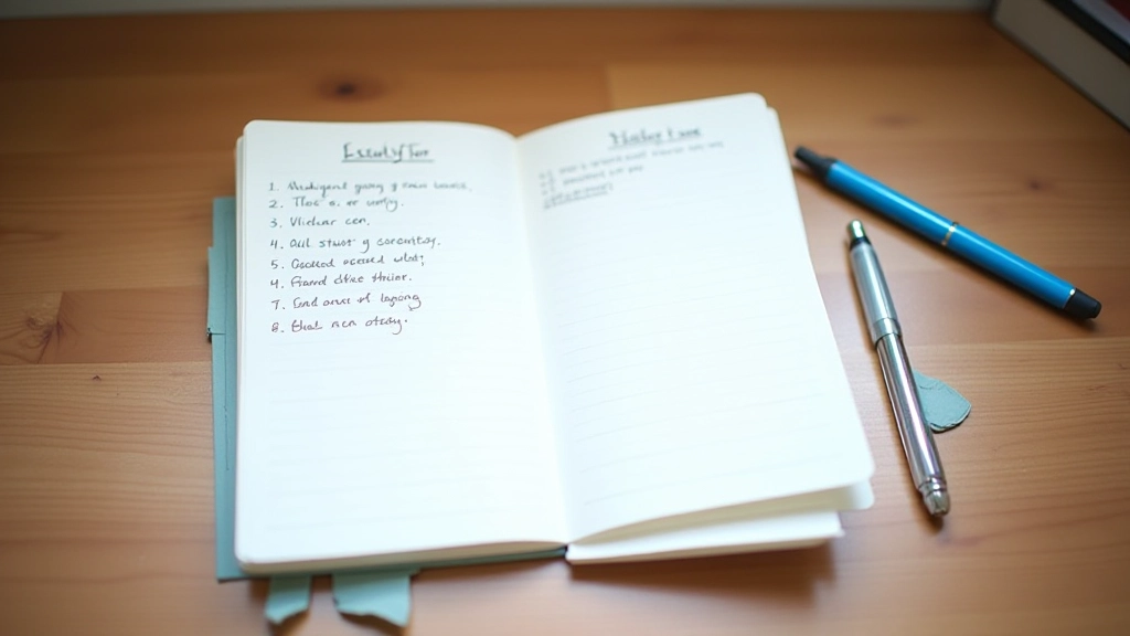 Open notebook with bullet points and handwritten notes, pen on desk, focused view