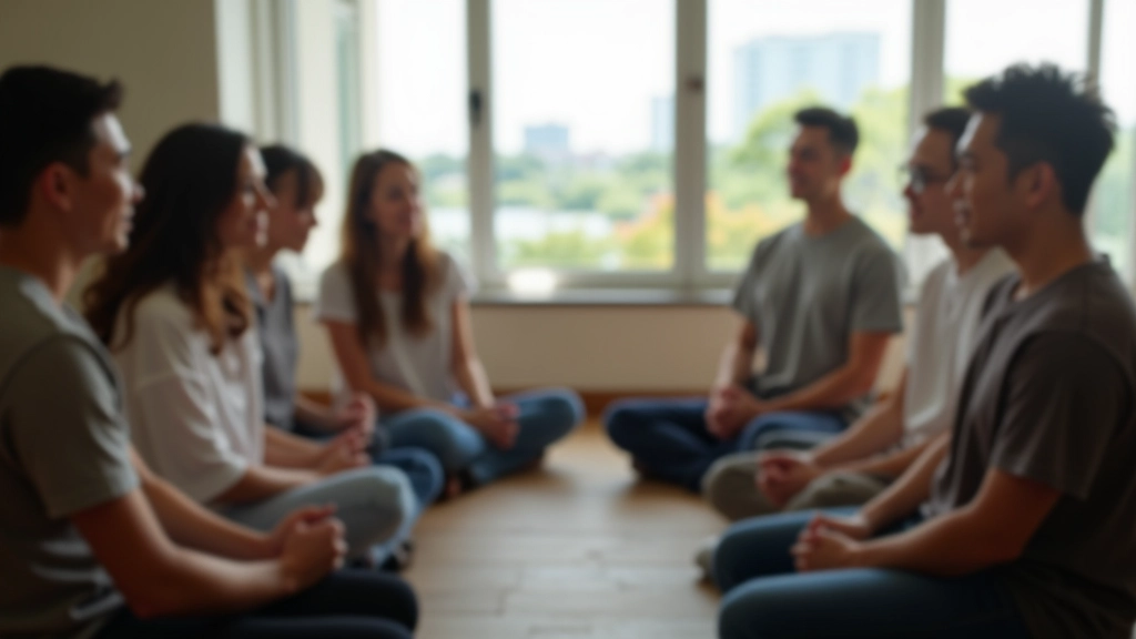 Group discussion in mindfulness workshop setting with comfortable seating arrangement