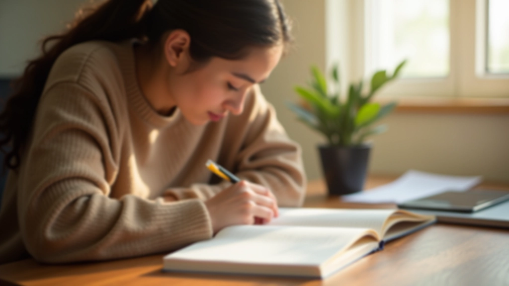 Person taking notes in journal at wooden desk, warm afternoon light