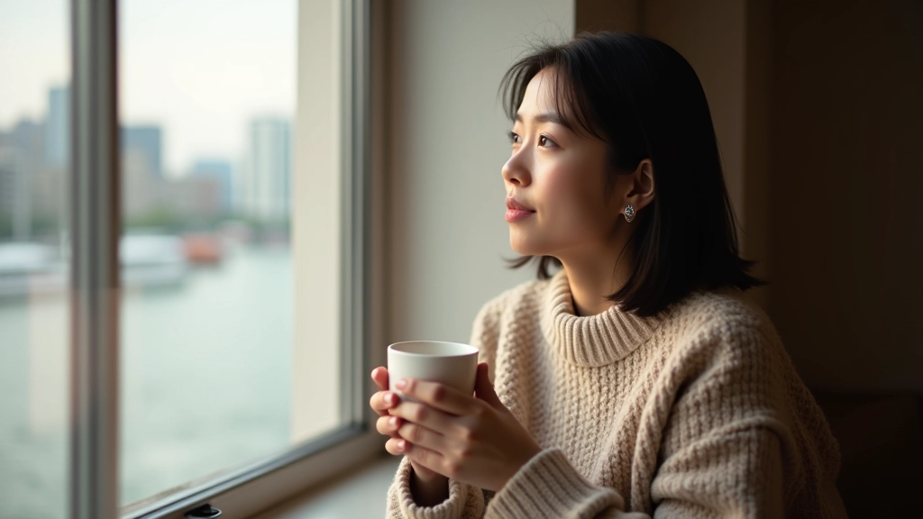 Thoughtful person sitting by window, looking outside with cup in hand, reflective mood