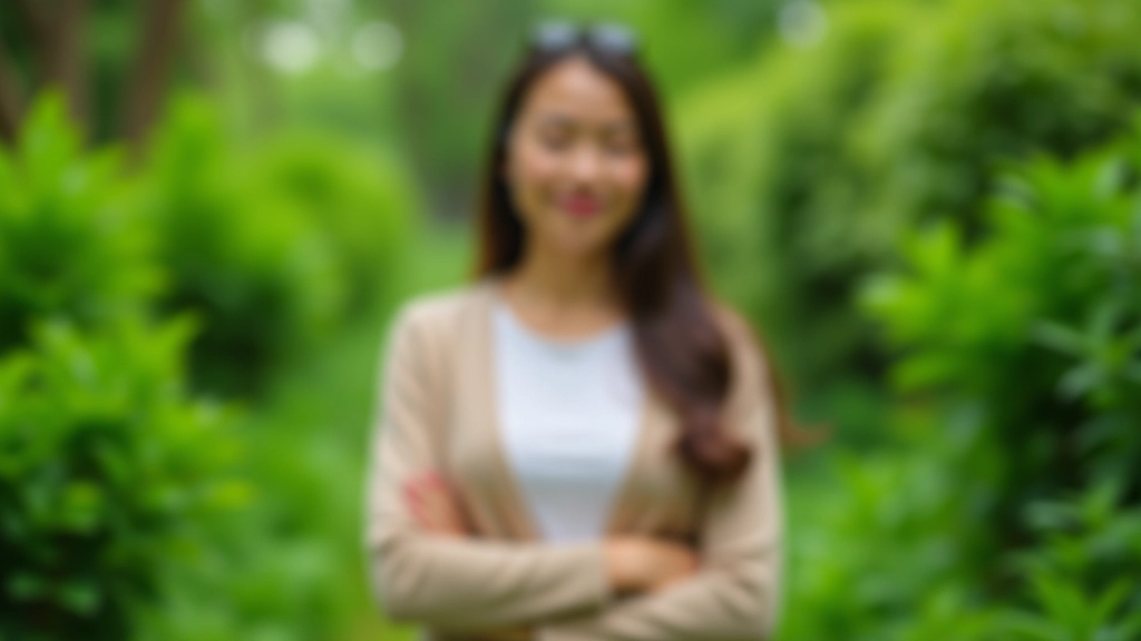 Person practicing deep breathing exercises outdoors in calm garden setting, peaceful atmosphere
