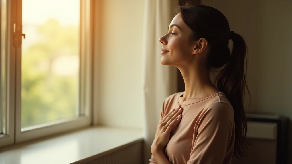 Person sitting calmly by window with natural light, peaceful expression, hand on chest, mindful breathing posture