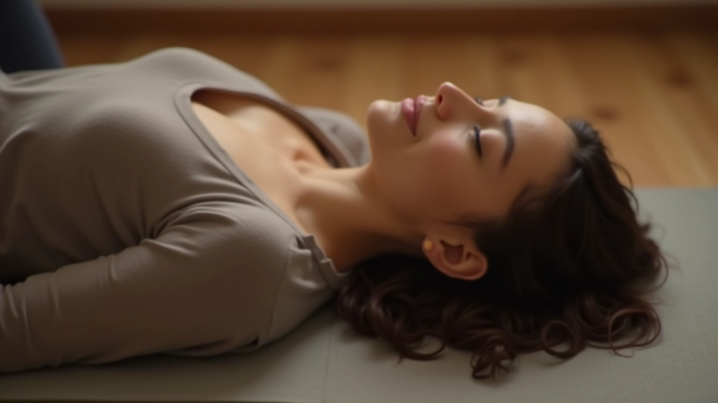 Person lying down in relaxed position on comfortable surface, eyes closed in meditation, warm ambient lighting creating peaceful atmosphere