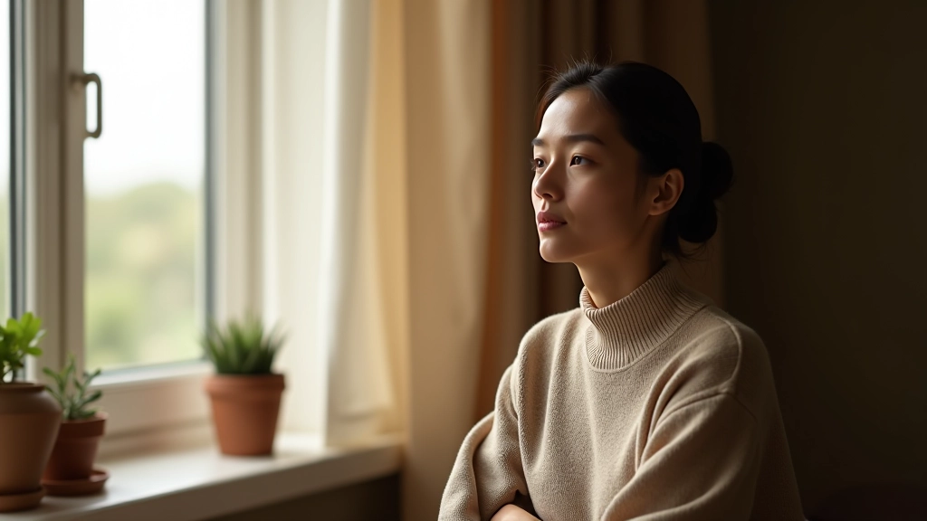 Person reflecting and thinking, sitting peacefully with calm expression in natural light