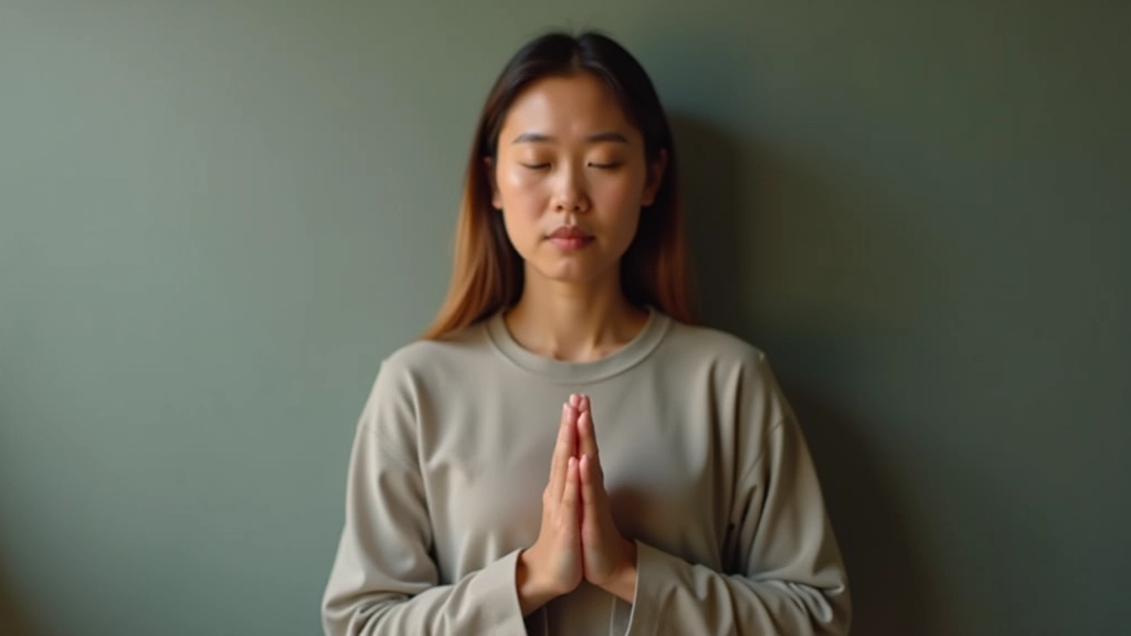 Close-up of person doing box breathing exercise, hands positioned on chest, calm focus, indoor setting with soft lighting
