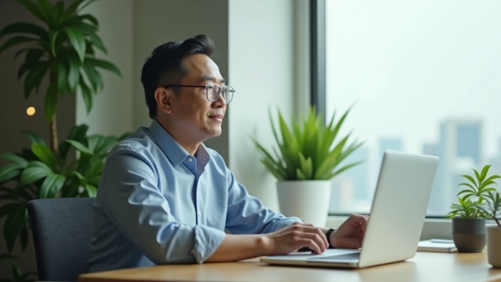 Person at desk pausing from work, looking out window thoughtfully, professional workspace with plants and natural light