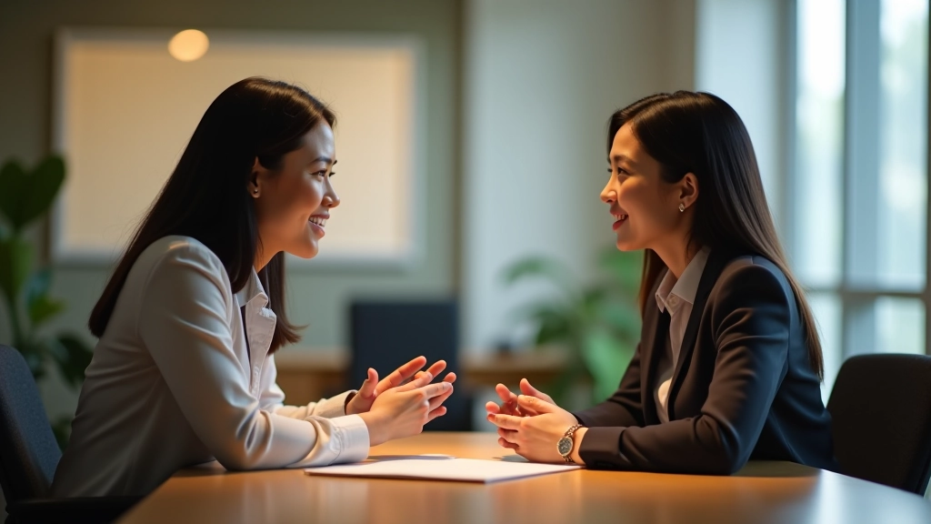Two people in conversation, one speaking with hand gestures while other listens intently without interrupting