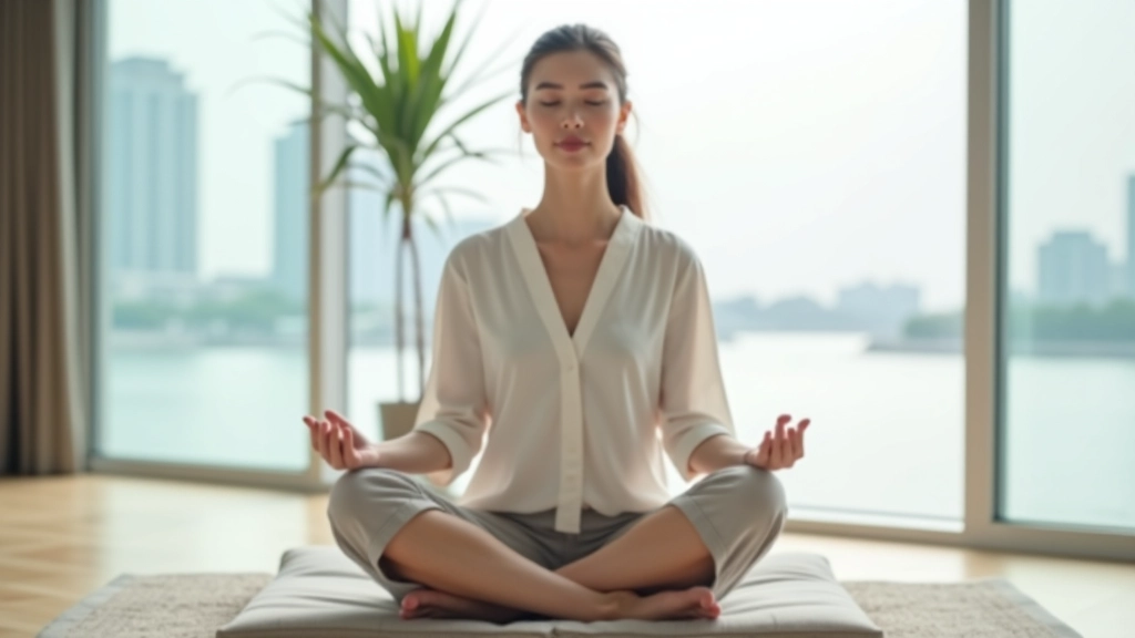 Person practicing mindfulness meditation by waterfront with natural lighting