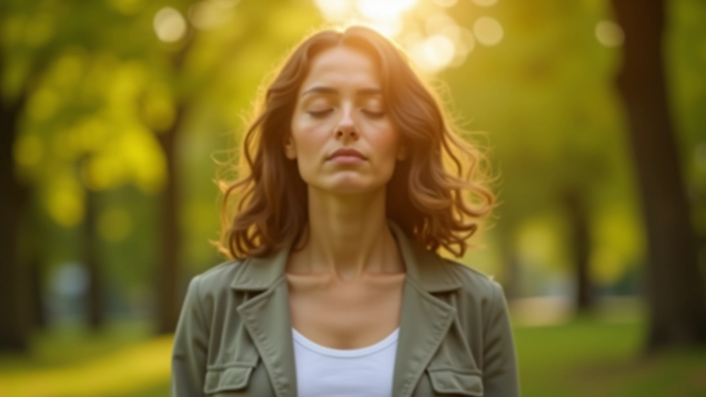Woman outdoors with eyes closed, practicing sensory awareness, natural park setting with trees and sunlight filtering through leaves