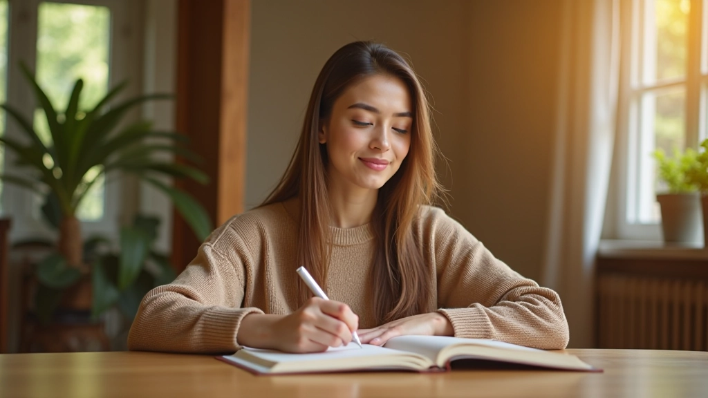 Person sitting at desk with journal and warm lighting, peaceful morning setting