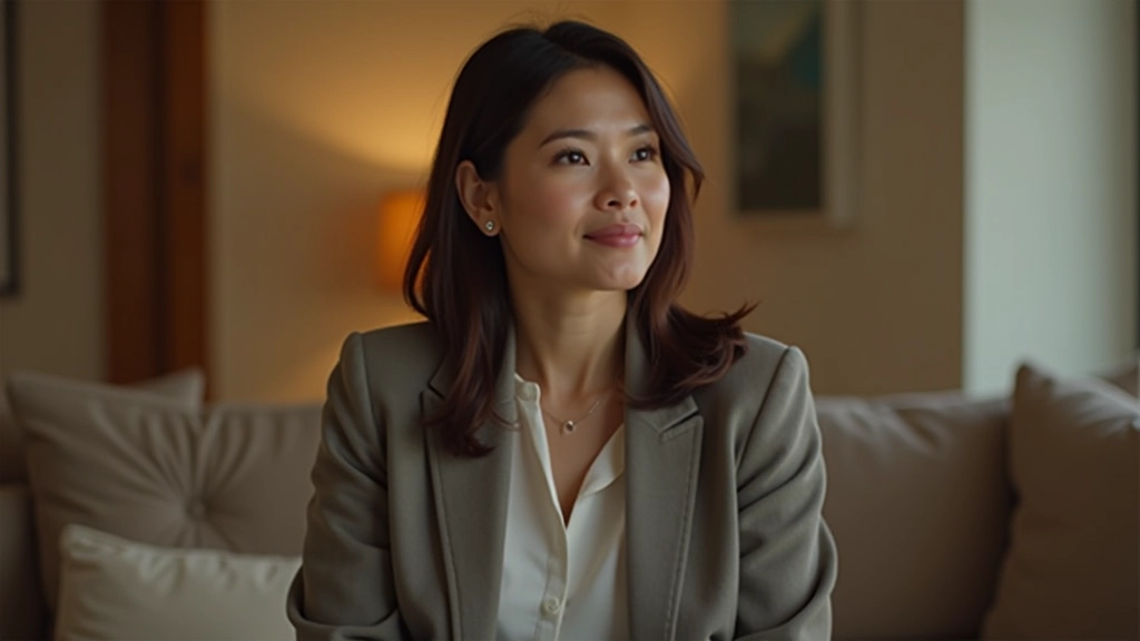Person sitting attentively during conversation, good posture and focused eye contact, warm indoor setting